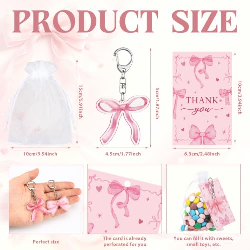 Liliaafar 72 Pcs Pink Bow Party Favors Set Acrylic Coquette Bow Keychains with Thank You Cards & Organza Bags Gifts for Bachelorette Birthday Baby Shower Party Weddings Supplies 12 Styles - style: Pink Bow
