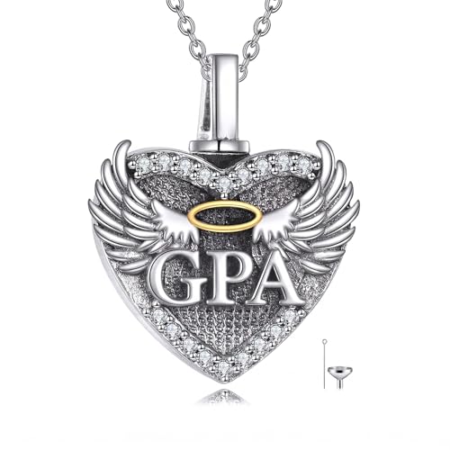Family Members Urn Necklace for Ashes 925 Sterling Silver Angel Wings Heart Cremation Memorial Keepsake Pendant Jewelry for Loved One's Ashes, with 18" + 2" Stainless Steel Chain - style: Heart-Grandpa