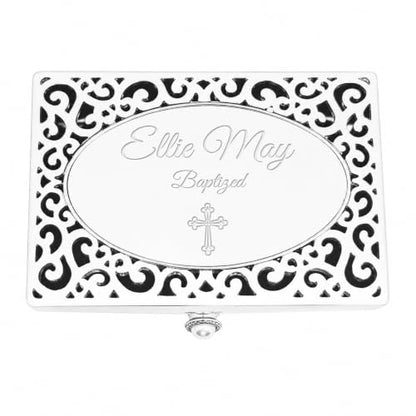 Cherished Moments Personalized Baptism Filigree Rectangle Jewelry Box - color: Silver-Baptism