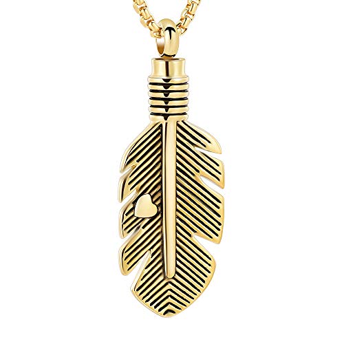 Oinsi Stainless Steel Feather Urn Necklace Hold Cremation Ashes Keepsake Memorial Jewelry +Box+Fill Kits - color: Heart Feather(gold)