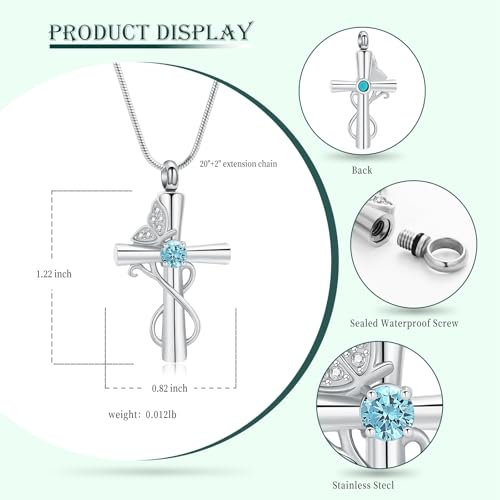 Butterfly Cross Cremation Jewelry Urn Necklaces Cross Butterfly Urn Necklaces for Ashes Memorial Keepsake Pendant for Women Men Gifts With Funnel Kit & Bag - color: Silver+LightBlue
