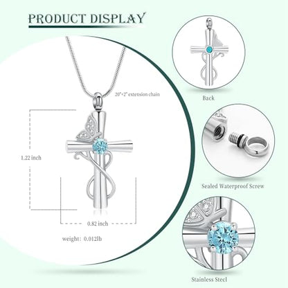 Butterfly Cross Cremation Jewelry Urn Necklaces Cross Butterfly Urn Necklaces for Ashes Memorial Keepsake Pendant for Women Men Gifts With Funnel Kit & Bag - color: Silver+LightBlue