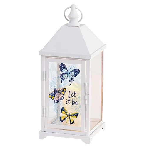 Magnolia Garden 14 Inch Blue and White Metal Traditional Lantern – LED Candle Home Decor – Butterfly Design – “Let it be - size: 5.25 x 5.25 x 14, style: Butterflies Let It Be