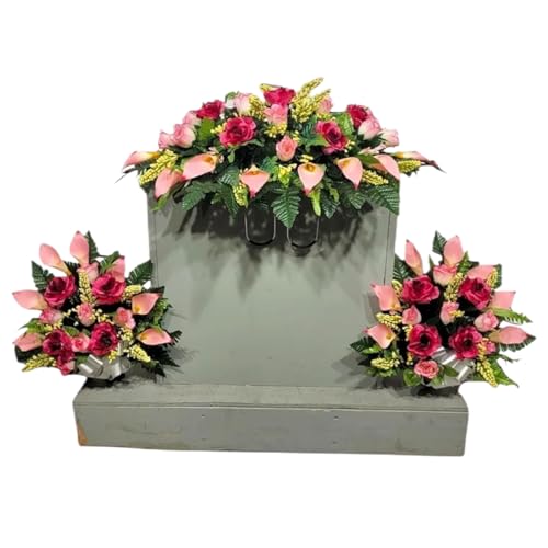 Realistic Artificial Cemetery Flowers - Silk Faux Floral Beauty Pink Rose and Calla Lily - Headstone Saddle - Bouquet Pair for Grave - 3 Memorial Decorations -