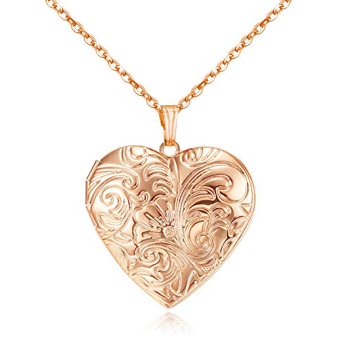 YOUFENG Locket Necklace that Holds Pictures Flower Lockets Pendant Necklaces Birthday Gifts Jewelry - color: RoseGoldHeart
