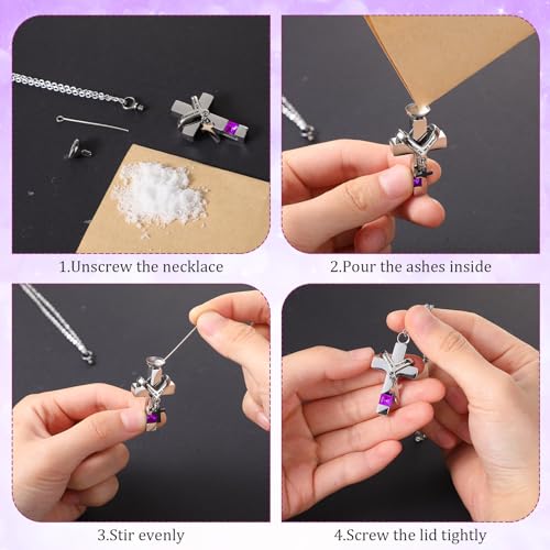 Huquary 16 Pcs Urn Necklace for Ashes Waterproof Stainless Steel Carved Ashes Locket with 8 Filling Kit Heart Cylinder Cross Cubic Fish Hook Jewelry for Ashes with Wing Diamond for Men Women - color: Purple