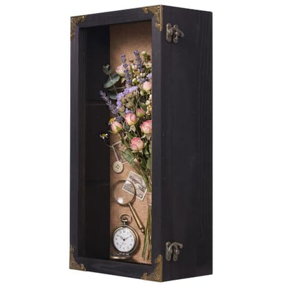 Shadow Box Frame 8x16 with Real Glass Door, Extra Deep 4 Inch Memory Display Case, Solid Wood Shadow Box Display for Medals, Collectibles, Photos, Flowers, Wall or Tabletop () - size: Tall Deep 8x16 Black