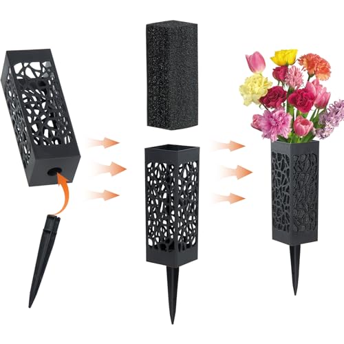 Cemetery Vases with Foam, Plastic Flower Holder with Spikes Gravestone Headstone Flower Vase for Artificial Flowers, Grave Cemetery Decoration (Set of 8, Black), Flowers not Included
