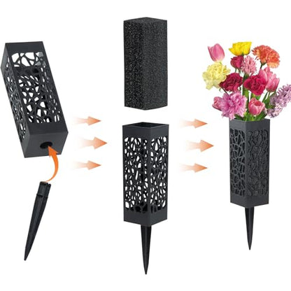Cemetery Vases with Foam, Plastic Flower Holder with Spikes Gravestone Headstone Flower Vase for Artificial Flowers, Grave Cemetery Decoration (Set of 8, Black), Flowers not Included