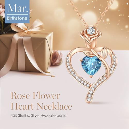 925 Sterling Silver Rose Love Heart Birthstone Necklaces for Women Jewelry | Hypoallergenic Nickel-Free & Lead-Free Pendant,Birthday Anniversary Christmas Gift for Women Wife Mom Girlfriend - color: Rose Gold-03-Mar