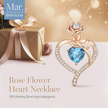 925 Sterling Silver Rose Love Heart Birthstone Necklaces for Women Jewelry | Hypoallergenic Nickel-Free & Lead-Free Pendant,Birthday Anniversary Christmas Gift for Women Wife Mom Girlfriend - color: Rose Gold-03-Mar