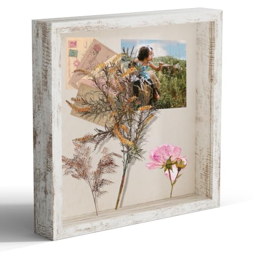 11x11 Shadow Box Picture Frame Display Case with Soft Linen Back, Distressed White Wooden Memory Shadow Box Frame with Tempered Glass Cover for Wall or Tabletop Display - color: Distressed White, size: 11x11