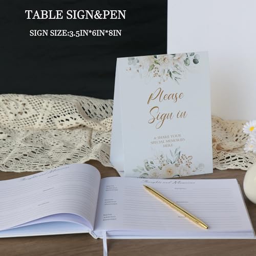 Funeral Guest Book for Memorial Service with Gold Pen and Table Sign Card