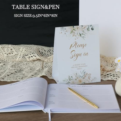 Funeral Guest Book for Memorial Service with Gold Pen and Table Sign Card