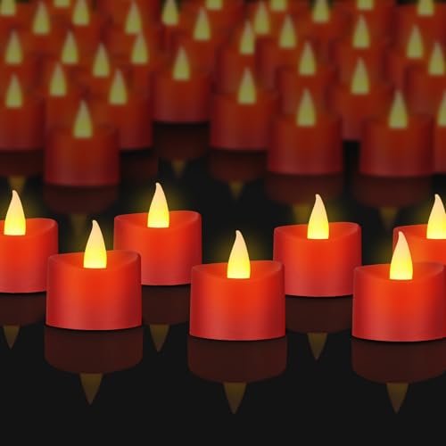 50 Pack Realistic Flameless LED Tea Lights with Red Base, Battery Operated Fake Candles with Flickering Moving Flame, Electric Votives for Valentine's Day, Wedding, Christmas, Romantic Decor - color: Red Base, size: 50 Pack
