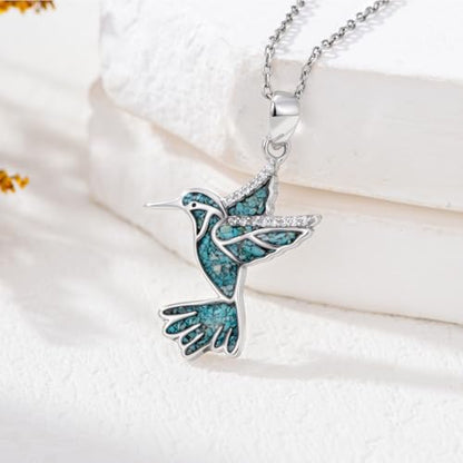 Dove/Hummingbird/Red Cardinal/Dragonfly/Butterfly Necklace 925 Sterling Silver Turquoise/Opal/MoonStone/Crystal/Malachite Bird Necklace Dove Pendant Jewelry for Women Men - color: Hummingbird Turquoise