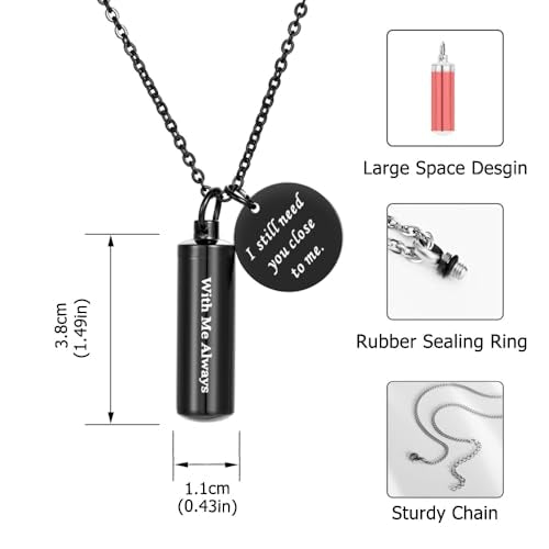 Cremation Cylinder Necklace for Ashes Stainless Steel Urn Locket Pendant Ashes Holder Memorial Jewelry - With Me Always - color: Black