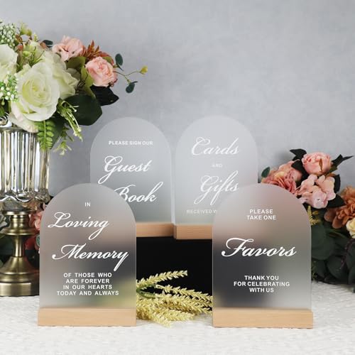 4-Piece Acrylic Wedding Signs for Reception with Wood Stands, 5 x 7 | Wedding signage includes 4 wedding table signs: Guest Book, Cards and Gifts, Favors and In Loving Memory. - size: Set of 4 - Wedding Signs