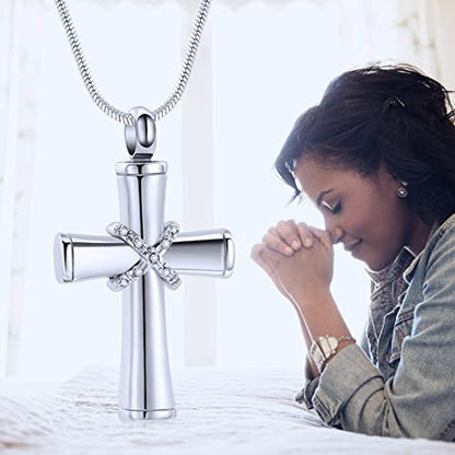 Minicremation Rope Winding Cross Cremation Ashes Urn Pendant Necklace Memorial Keepsake Jewelry Lord’s Prayer Cross Ashes Necklaces - color: Silver with Crystal