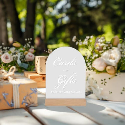 2-Piece Acrylic Wedding Signs for Reception with Wood Stands, 5 x 7 | Wedding signage includes 2 wedding table signs: Guest Book and Cards and Gifts, each with a beech wood stand. - size: Set of 2 - Guest Book & Cards and Gifts Signs