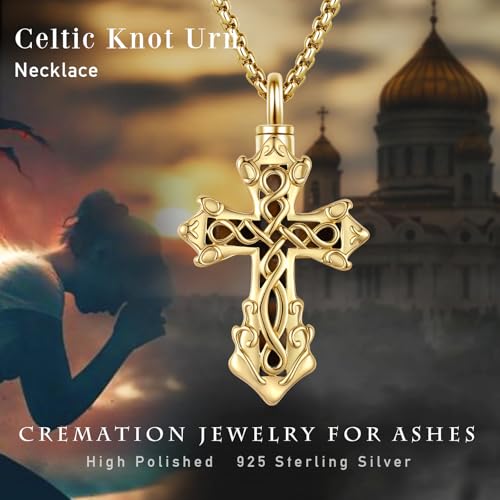 925 Sterling Silver Celtic Cross Urn Necklace for Ashes | Memorial Keepsake Cremation Catholic Jewelry for Men Women - color: gold-e
