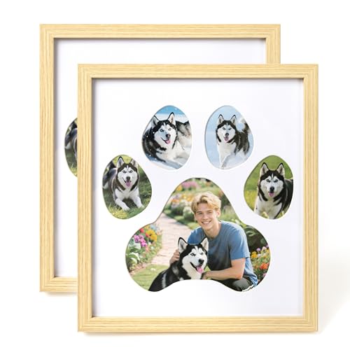 AELS Dog Paw Print Photo Collage Frame, Holds 5 Pictures of Pets & Owners, Ideal Gift for Dog Moms & Dads, Natural Finish Pet Memorial Keepsake and Wall Décor, 10.24" x 11.4", 2Pcs - color: Natural, size: Pack of 2