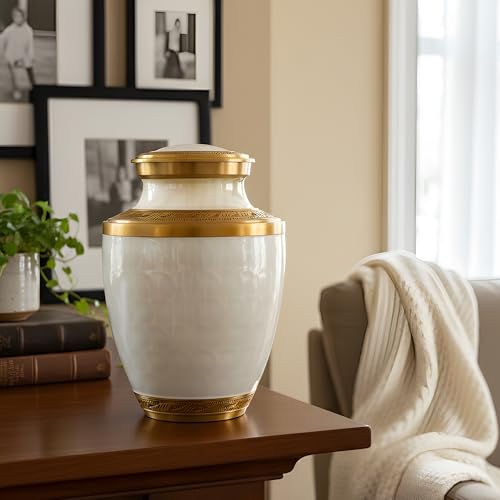 Family Tribute Eco-Friendly White & Gold Cremation Urn for Ashes Set – Large Adult Funeral Urn (220lbs) with 4 Small Urns & 1 Memorial Necklaces (White & Gold Premium URN Set, URN Set) - color: White & Gold Premium Urn Set