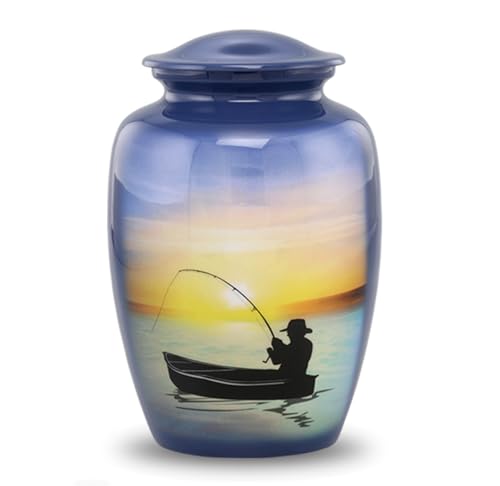 Fishing Urn - Full Size Gone Fishing Cremation Urn - Adult Urns for Men and Women – Fisherman Funeral and Memorial Urns for Human Ashes Upto 210 Lbs with Velvet Bag (Large)