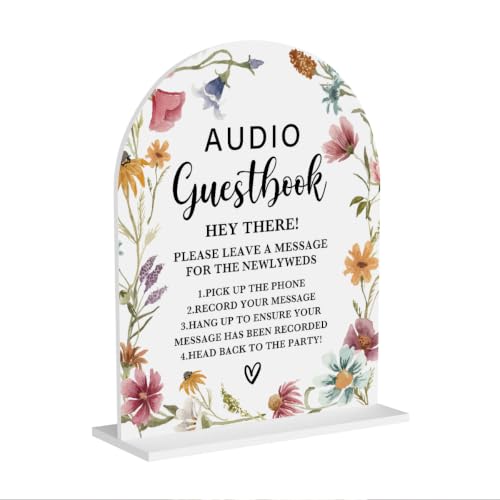 Acrylic Wedding Sign, Bridal Shower Decorations, Audio Guestbook Sign for Ceremony, Modern Font Table Signs, White Wildflowers Acrylic Table Top Signs for Wedding Engagement Parties 8x10 Inch - color: Audio Guestbook