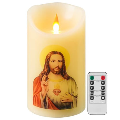 LED Prayer Flameless Candles with Remote Timer, Battery Powered Candle, Religious Candle 6" x 3.2" （Jesus Red ） - style: Jesus Christ Sacred Heart(RED）