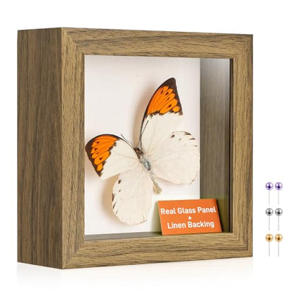 4x4 Mini Shadow Box Frame with Ultra-Clear Glass & Soft Linen Back | With Push Pins, Deep 1.2" Brown Shadow Box Display Case – Display on Tabletop or Wall for Insect, Photo, Flower, Keepsakes - color: Brown+high Definition Panel + Shatter-proof Packaging,