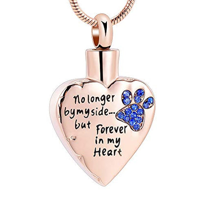 memorial jewelry No Longer by My Side,But Forever in My Heart Carved Locket Cremation Urn Necklace for Pet Dog Cats - color: RoseGold-Blue