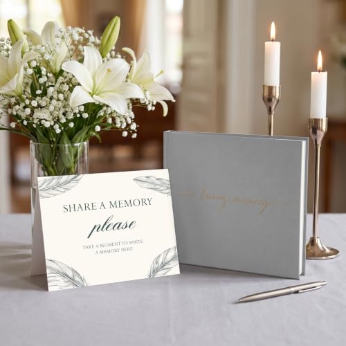 Funeral Guest Book for Memorial Service, in Loving Memory 9x7.5 | 320 Entries, Table Sign Card Included, Gold Stamping, Twill-Textured Paper Cover, Celebration of Life Keepsake, Gray - color: Gray