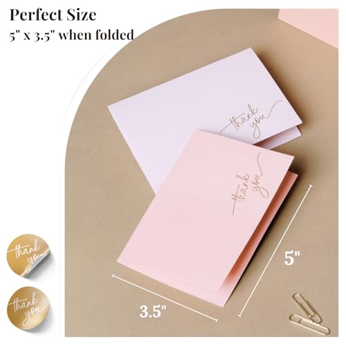 Paper Play Pink Thank You Cards with Envelopes, Gold Foil Text (40 Pack) | 5 x 3.5", Pink Textured Surface, Heavyweight Cardstock, Matching Gold Foil Stickers, For Baby Shower, Wedding, Bridal Shower, - color: Pink Tones