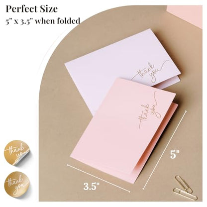 Paper Play Pink Thank You Cards with Envelopes, Gold Foil Text (40 Pack) | 5 x 3.5", Pink Textured Surface, Heavyweight Cardstock, Matching Gold Foil Stickers, For Baby Shower, Wedding, Bridal Shower, - color: Pink Tones