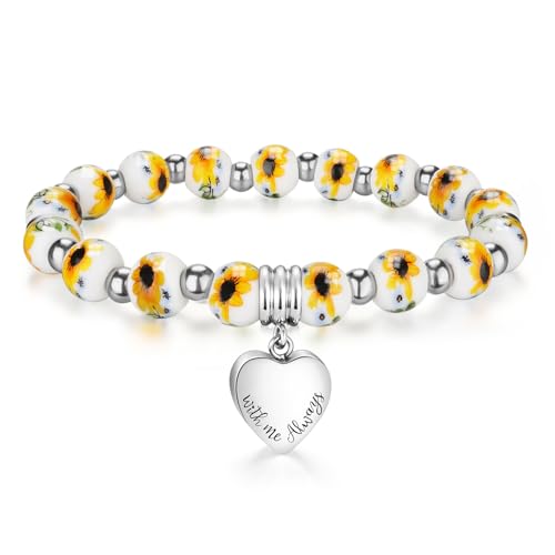 XIUDA Heart Cremation Memorial Urn Bracelet 316L Stainless Steel Keepsake Jewelry Urn Bracelet for Ashes for Women-With Me Always - style: Yellow Flower