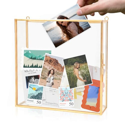 8x8 Travel Shadow Box Frame with Slot on Top, Glass Shadow Display Box Memory Top Loading Shadow Keepsake Box for Tickets, Photos,Wine Bottle Caps,Collections(Gold)