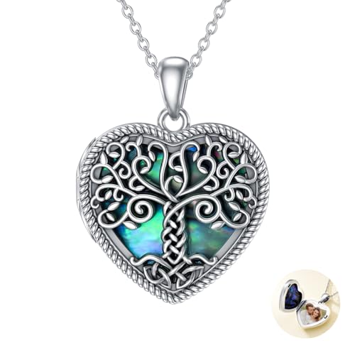 Dorunmo Personalized Locket Necklace 925 Sterling Silver that Holds Pictures Butterfly Birthstone Photo Heart Locket Custom Jewelry Congratulations New Beginnings New Job Gifts for Women - color: Abalone Tree of Life, style: Only Locket