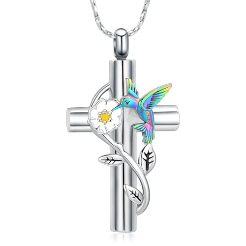 Cross Hummingbird Urn Necklace for Ashes Flower Ashes Pendant Memorial Necklace Cremation Jewelry Ashes Keepsakes Necklace Gift for Loss of Loved Ones Memorial Jewelry - color: Hummingbird-Rainbow
