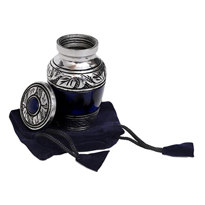 HLC Lovely Small Keepsake Urn - Blue Brass Hand Engraved Mini Memorial Affordable Keepsake Urn for Human Ashes (3 cu.in)