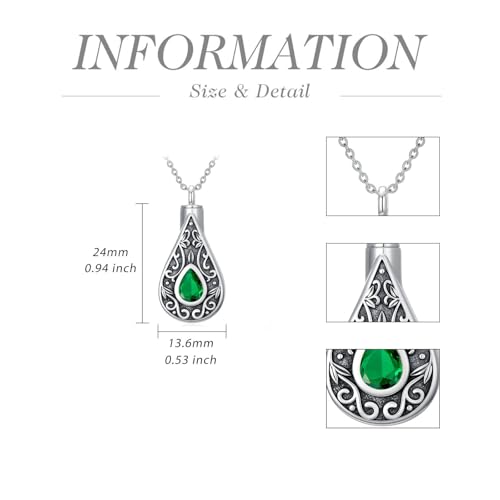 Teardrop Urn Necklace for Ashes Filigree Birthstone Keepsake Pendant Cremation Jewelry for Ashes Memorial Jewelry Gifts for Loss of a Loved One for Women - style: May-Emerald