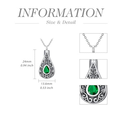 Teardrop Urn Necklace for Ashes Filigree Birthstone Keepsake Pendant Cremation Jewelry for Ashes Memorial Jewelry Gifts for Loss of a Loved One for Women - style: May-Emerald