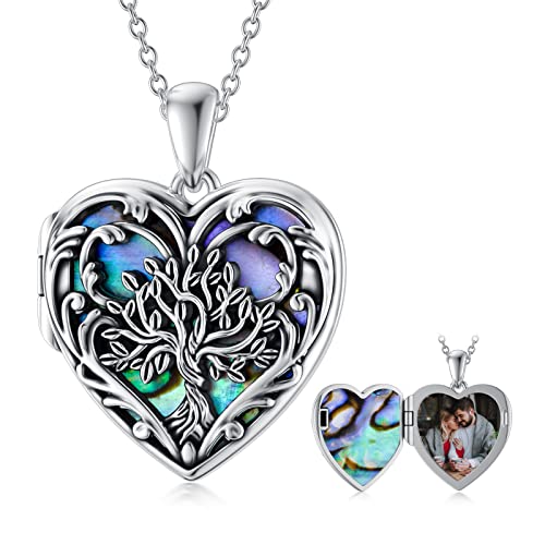 SOULMEET Personalized Tree of Life/Palm Tree Heart Locket Sterling Silver Necklace That Holds 1 or 2 Pictures Memorial Vintage Photo Locket Custom Any Photo Healing Gift - style: B2-Abalone tree locket+photo
