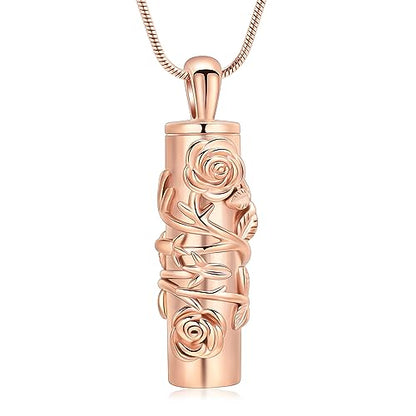 Cylinder Urn Necklace for Ashes Roseflower Cremation Jewelry Urn Ashes Necklace for Women Men Memorial Keepsake Necklace of Loved One - color: Rosegold