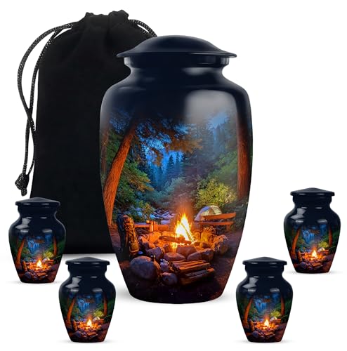 Campfire Adult Cremation Funeral Urn for Human Ashes, Keepsake Memorial Gift for Father & Mother, Beautiful Handcrafted Small Urns for Ash, Combo, 1 Large 10 Inch & 2 Mini 3 Inch - color: Campfire 1, size: 10"+3"Combo-3