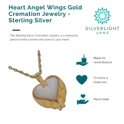 Heart Angel Wings Gold Cremation Jewelry, Sterling Silver, Pendant and Necklace for Ashes