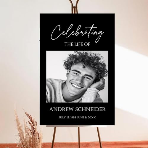 Personalized Black Gold Funeral Welcome Sign - In Loving Memory, Celebration of Life Decorations for Tables - Large Plastic Memorial Sign - color: Version 10