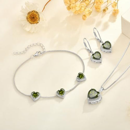 925 Sterling Silver Halo Heart Necklace for Women | Lwsary Love Heart Necklace, Heart Cut Birthstone Jewelry for Her - color: Olive Green