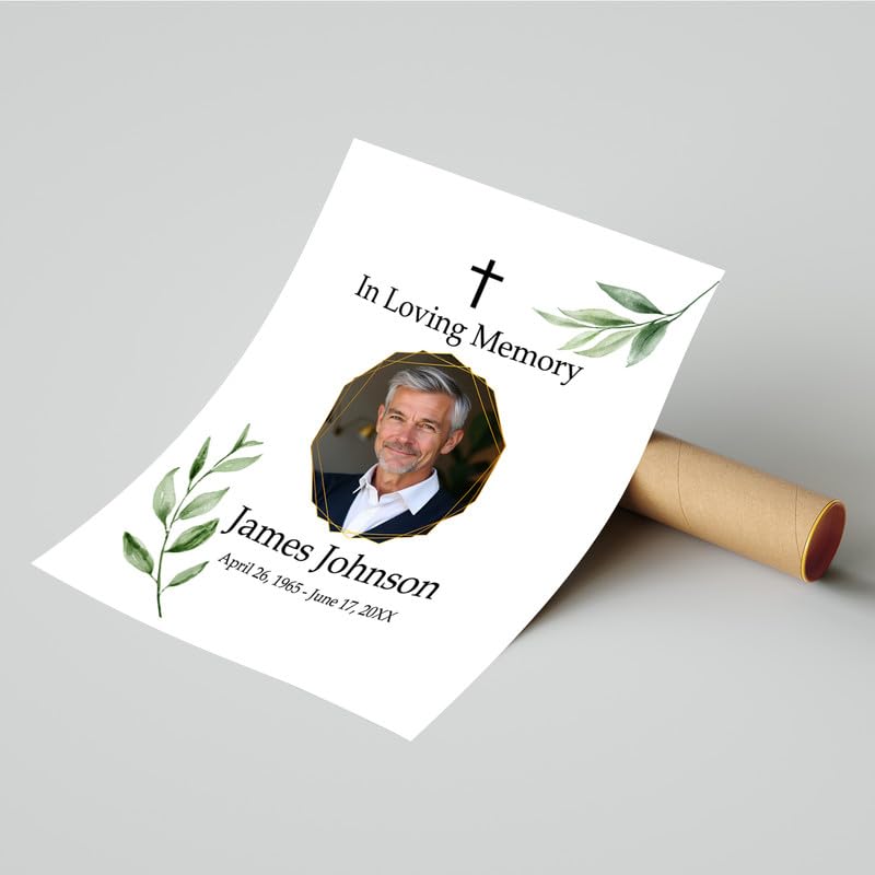 Custom "In Loving Memory" Sign with Cross & Greenery - Personalized Funeral Photo Board | Optional Guest Book Alternative - color: Design 2