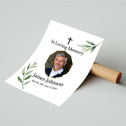 Custom "In Loving Memory" Sign with Cross & Greenery - Personalized Funeral Photo Board | Optional Guest Book Alternative - color: Design 2